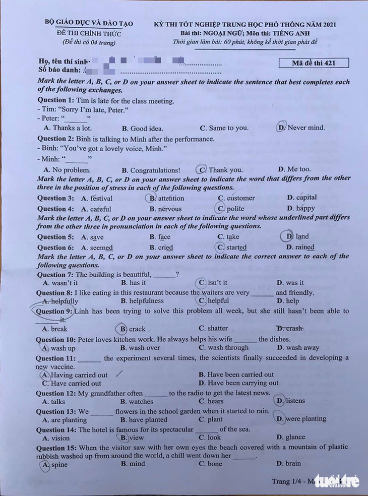 Đề và bài giải môn ngoại ngữ kỳ thi tốt nghiệp THPT 2021 - Ảnh 2.