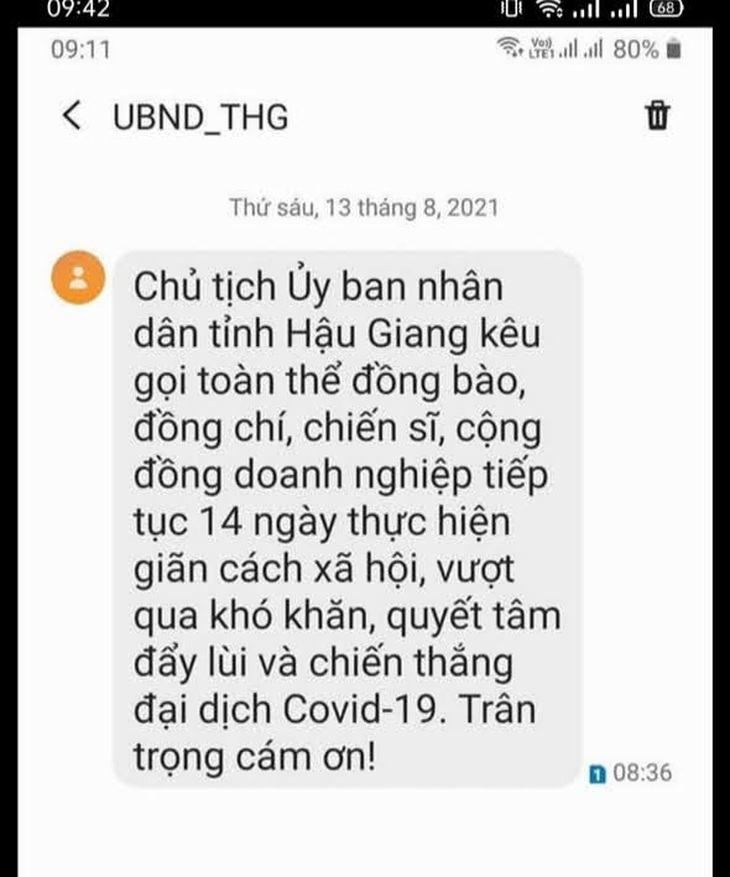 VinaPhone ở Hậu Giang gây hiểu nhầm khi nhắn ‘tiếp tục 14 ngày thực hiện giãn cách xã hội’ - Ảnh 1.