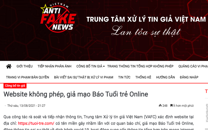 Trung tâm xử lý tin giả Việt Nam thông tin về website không phép, giả mạo báo Tuổi Trẻ Online