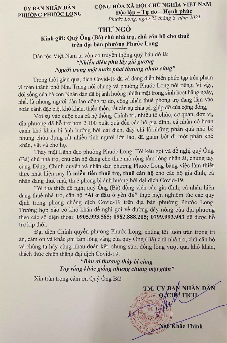 Chủ tịch phường viết thư kêu gọi chủ nhà miễn tiền cho người thuê trọ - Ảnh 1.