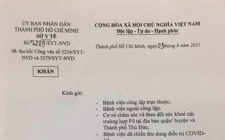 1 ngày, Sở Y tế TP.HCM 2 lần ra văn bản khẩn thu hồi 2 văn bản ban hành trước