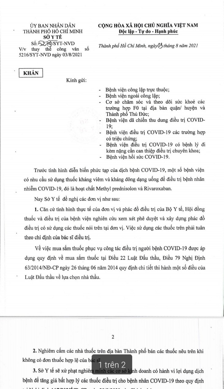 Sở Y tế TP.HCM ra văn bản mới thay văn bản giới thiệu mua 2 loại thuốc - Ảnh 1.