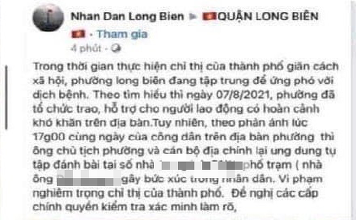 Xác minh thông tin tố lãnh đạo phường ở Hà Nội tụ tập đánh bạc giữa mùa dịch - Ảnh 2.