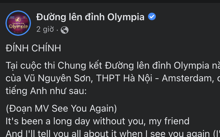 Đường lên đỉnh Olympia nhận sai sót ở câu tiếng Anh trong trận chung kết