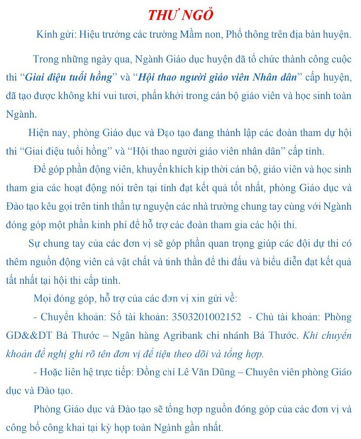 Phòng giáo dục kêu gọi trường đóng tiền để... dự hội thi do sở tổ chức - Ảnh 2.