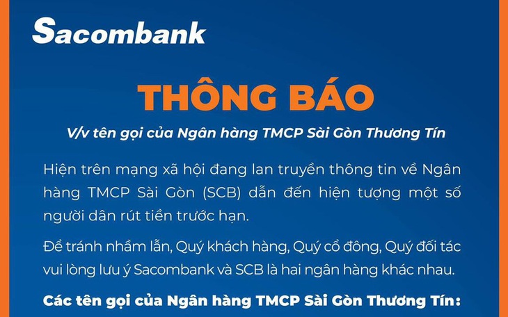 Sacombank lên tiếng vì cho rằng một số khách nhầm SCB là Sacombank