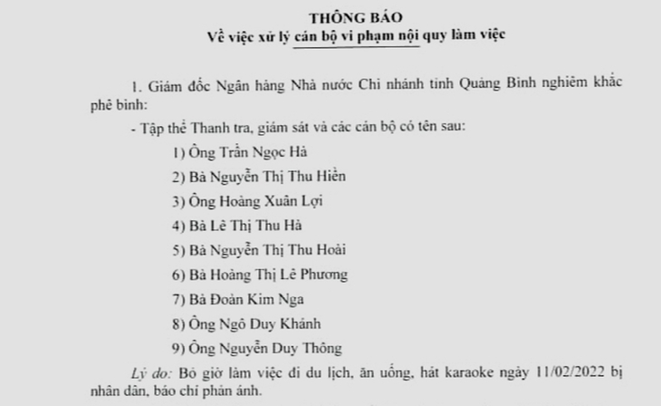 Đi hát karaoke trong giờ làm, 9 cán bộ Ngân hàng Nhà nước bị phê bình, cắt thi đua - Ảnh 1.