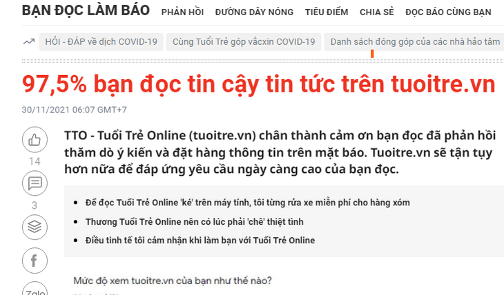 Khảo sát mức độ hài lòng của bạn đọc đối với Tuổi Trẻ Online - Ảnh 1.