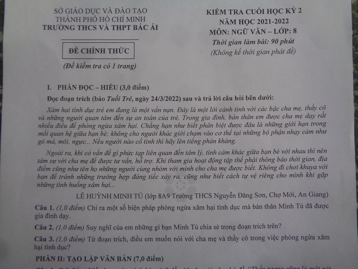 Đưa chuyện xâm hại tình dục vào đề kiểm tra, học sinh viết gì? - Ảnh 2.