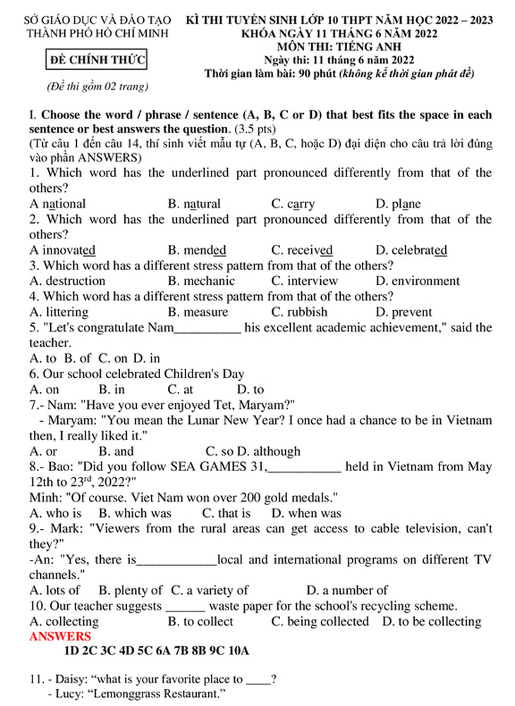 Gợi ý giải đề thi tiếng Anh vào lớp 10 ở TP.HCM - Ảnh 1.
