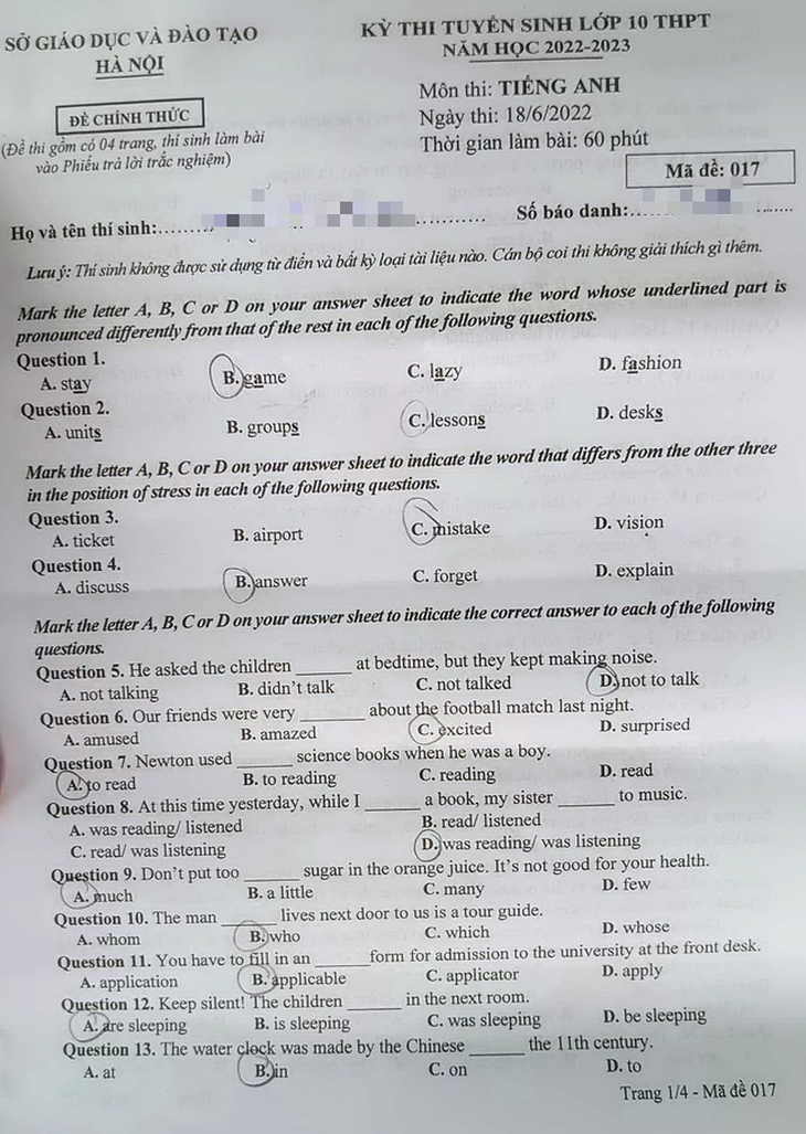 Gợi ý bài giải môn tiếng Anh tuyển sinh lớp 10 tại Hà Nội - Ảnh 1.