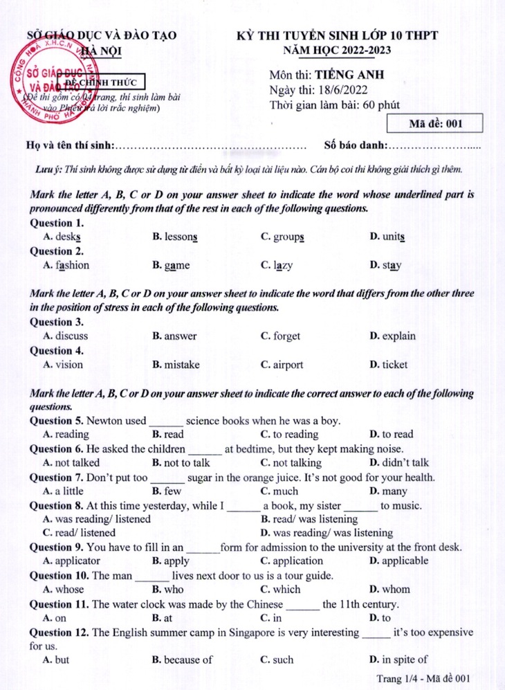 Hà Nội công bố đáp án thi tuyển sinh lớp 10 - Ảnh 8.