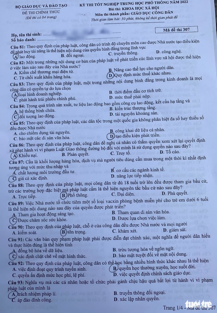 Đề thi giáo dục công dân kỳ thi tốt nghiệp THPT năm 2022 - Ảnh 1.