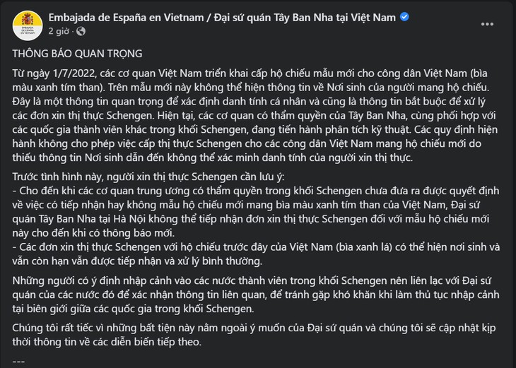 Đại sứ quán Tây Ban Nha tạm dừng cấp visa với hộ chiếu mẫu mới của Việt Nam - Ảnh 2.