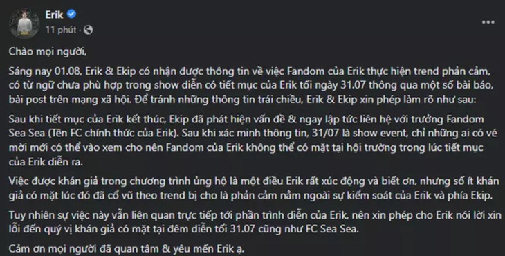 Erik giãi bày sau khi nhận màn cổ vũ thô tục - Ảnh 3.