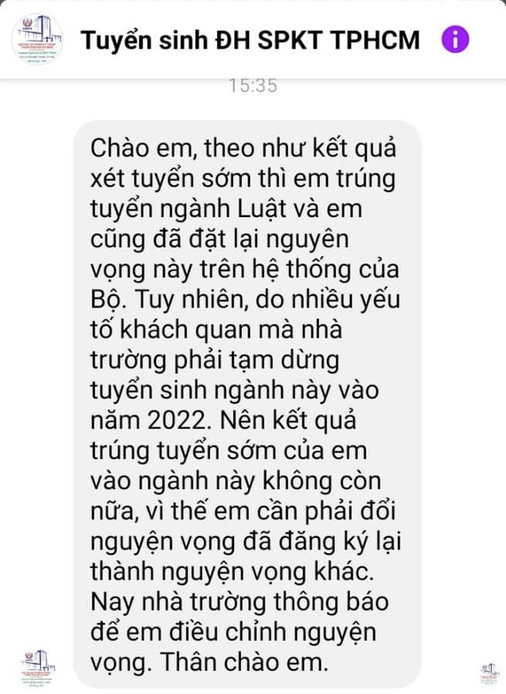 Trường ĐH Sư phạm kỹ thuật TP.HCM bất ngờ hủy kết quả trúng tuyển, dừng tuyển sinh ngành luật - Ảnh 1.