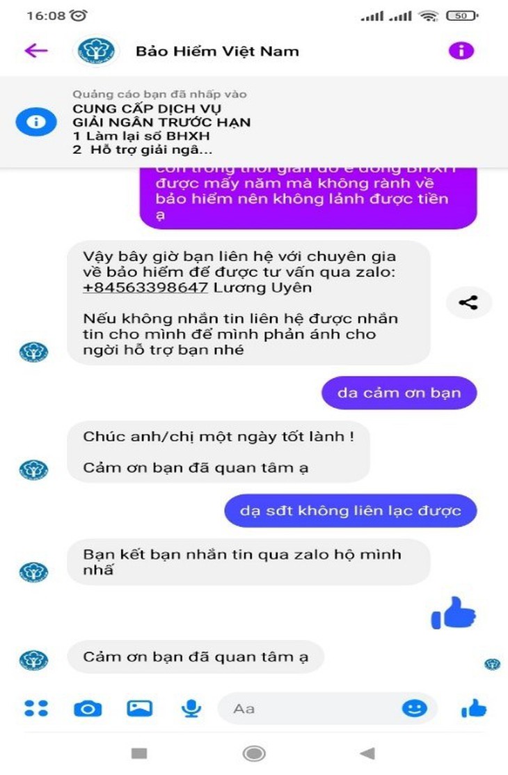 Mạo danh bảo hiểm xã hội để lừa đảo ‘xử lý thủ tục quá hạn’ qua Facebook, Zalo - Ảnh 2.