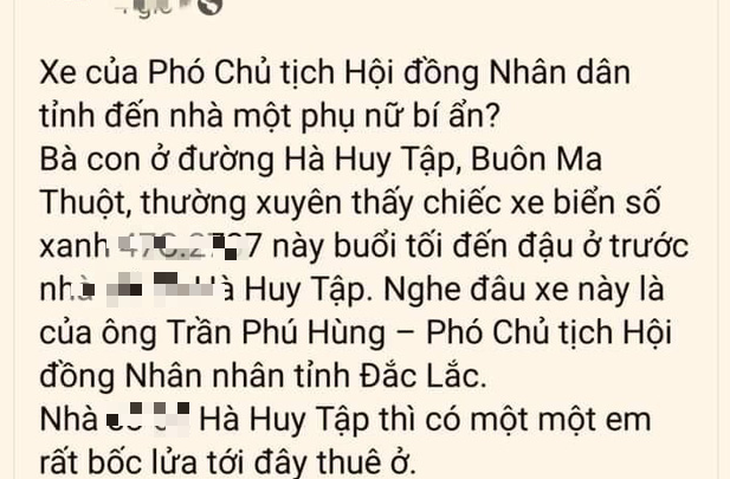 Đề nghị công an xác minh vụ vu khống phó chủ tịch HĐND đi ngoại tình bằng xe biển xanh - Ảnh 1.