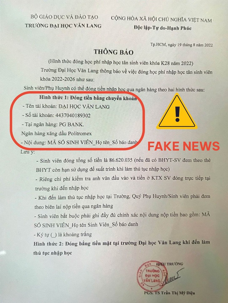 Mạo danh trường đại học thông báo tân sinh viên nộp học phí, đã có người chuyển tiền - Ảnh 1.