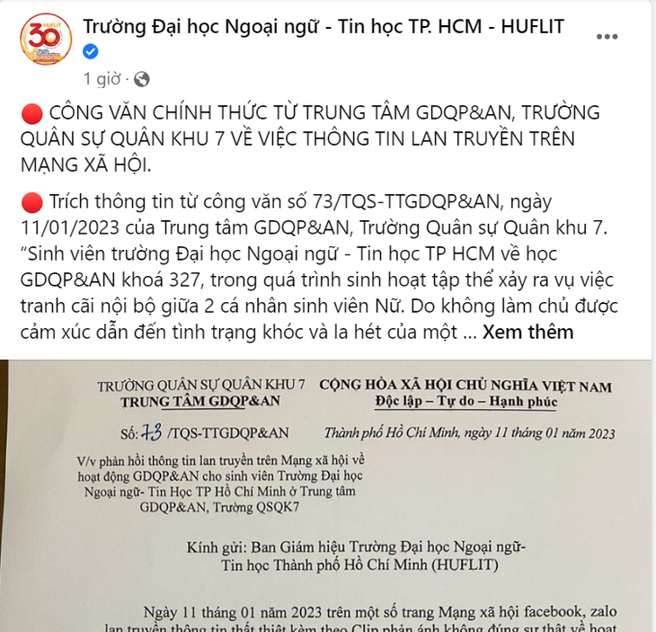 Trường quân sự Quân khu 7 mời cơ quan chức năng vào cuộc, bác bỏ thông tin sai sự thật trên mạng - Ảnh 1.