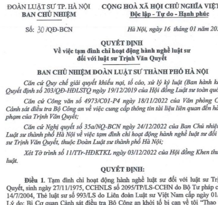 Tạm đình chỉ hoạt động nghề luật sư với ông Trịnh Văn Quyết - Ảnh 2.