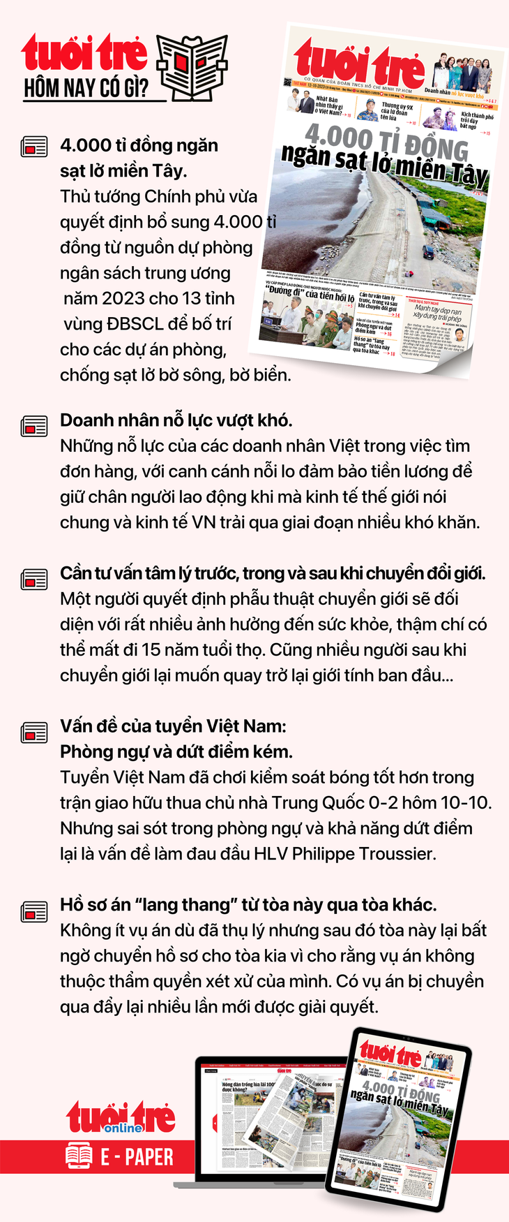 Tin tức chính trên Tuổi Trẻ nhật báo hôm nay 12-10. Để đọc Tuổi Trẻ báo in phiên bản E-paper, mời bạn đăng ký Tuổi Trẻ Sao TẠI ĐÂY