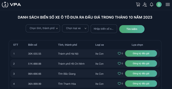 Một số biển số trong danh sách được công ty đấu giá niêm yết chiều 11-10 - Ảnh chụp màn hình