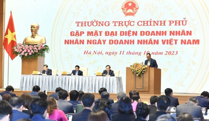 Đại diện Tập đoàn Masan chia sẻ tại buổi gặp mặt của Thường trực Chính phủ nhân Ngày Doanh nhân Việt Nam 2023