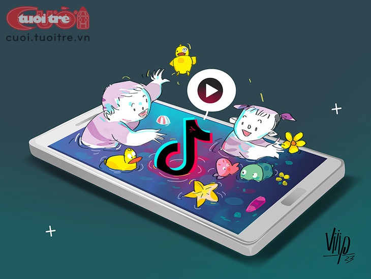 Các bé U13 chơi chung với TikTok như một món đồ chơi con nít - Tranh: Viiip 