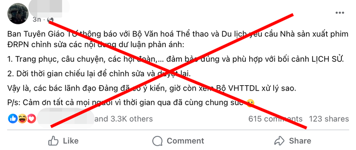 Tin giả lan truyền trên mạng xã hội về việc &quot;Ban Tuyên giáo Trung ương yêu cầu nhà sản xuất phim Đất rừng phương Nam chỉnh sửa nhiều chi tiết&quot;