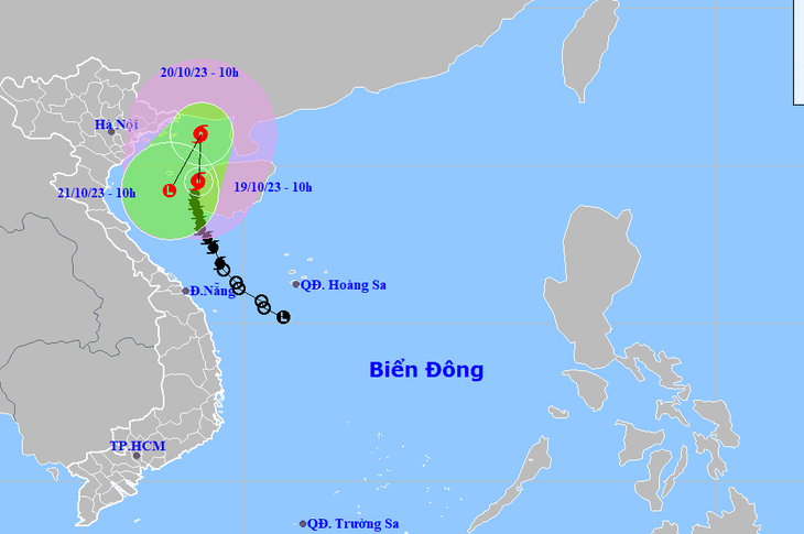 Vị trí và hướng di chuyển bão số 5 lúc 13h chiều 19-10 - Ảnh: NCHMF