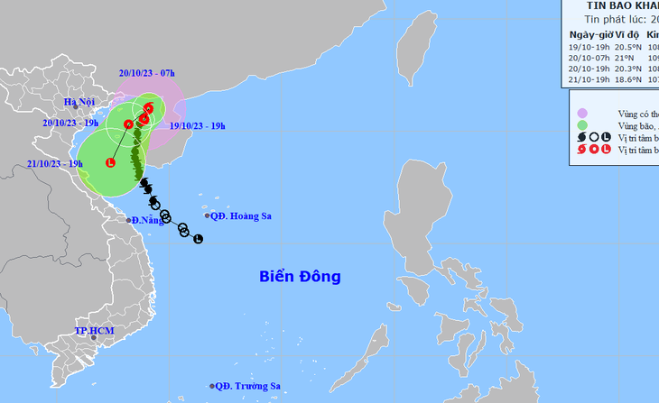 Vị trí và hướng di chuyển bão số 5 lúc 19h tối 19-10 - Ảnh: NCHMF