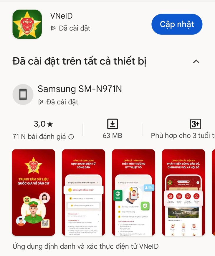 Ứng dụng VNeID cần phải được tải xuống hoặc cập nhật trên các kho ứng dụng như App Store hoặc Google Play - Ảnh chụp màn hình