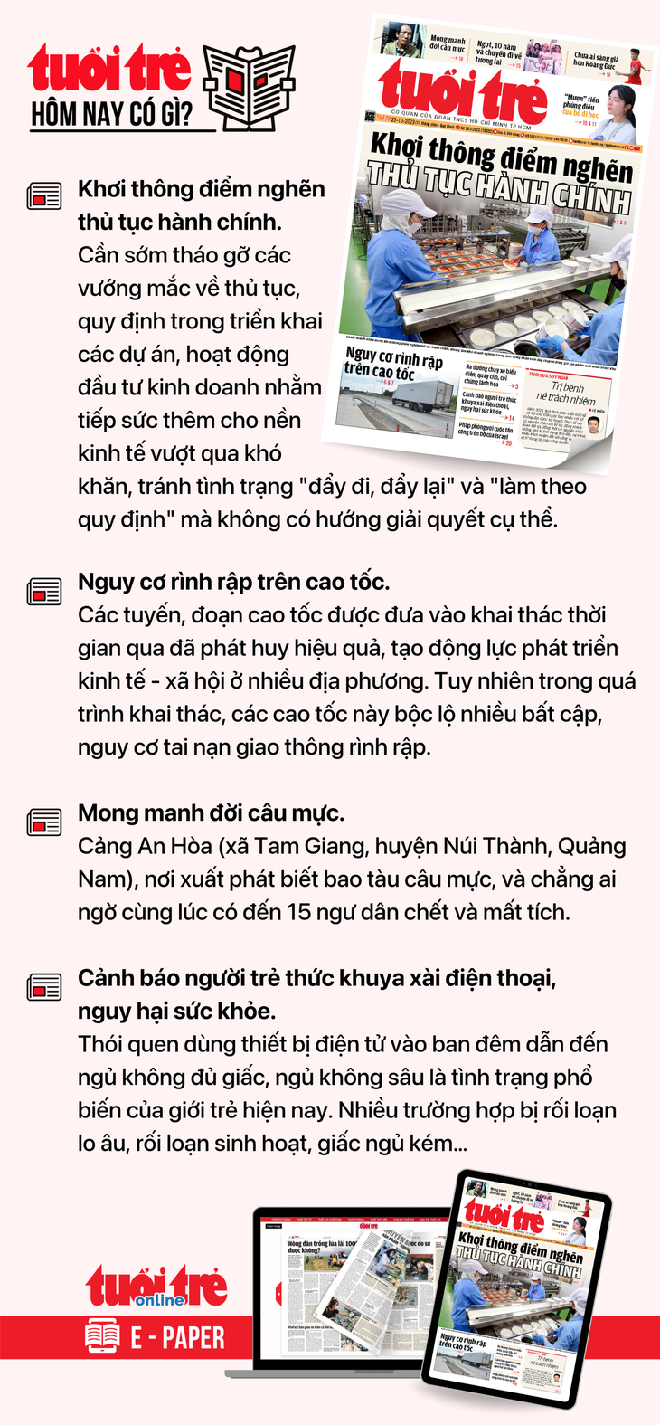 Tin tức chính trên Tuổi Trẻ nhật báo hôm nay 25-10. Để đọc Tuổi Trẻ báo in phiên bản E-paper, mời bạn đăng ký Tuổi Trẻ Sao TẠI ĐÂY