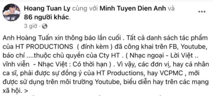 Ông Lý Hoàng Tuấn chia sẻ việc các ca sĩ sử dụng ca khúc chưa xin phép - Ảnh chụp màn hình