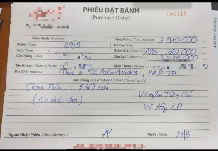 Phiếu đặt bánh su kem của bà T. - Ảnh: Người dân cung cấp