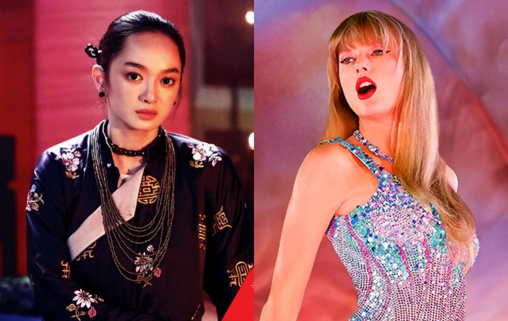 Kaity Nguyễn trong phim &quot;Người vợ cuối cùng&quot; và Taylor Swift trên poster phim &quot;The Eras Tour&quot; - Ảnh: ĐPCC