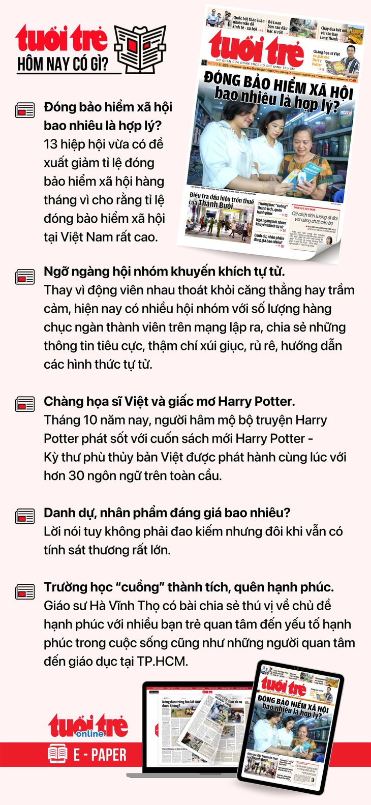 Tin tức đáng chú ý trên Tuổi Trẻ nhật báo ngày 1-11. Để đọc Tuổi Trẻ báo in phiên bản E-paper, mời bạn đăng ký Tuổi Trẻ Sao TẠI ĐÂY