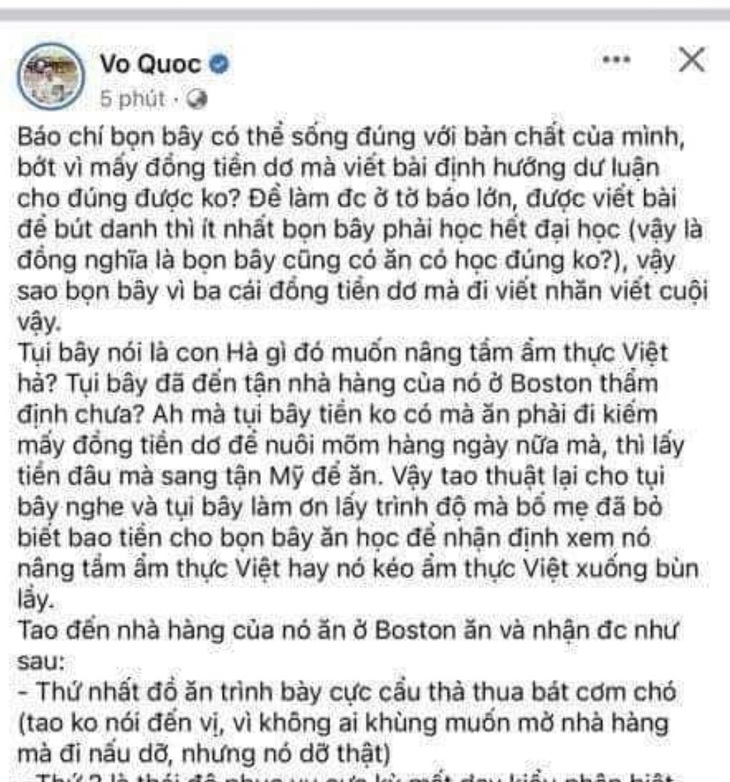 Nội dung bài viết xúc phạm một nữ đầu bếp và báo chí được cho là do tài khoản Vo Quoc đăng tải.