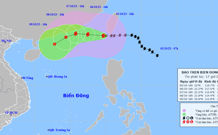 Vị trí và hướng di chuyển của bão số 4 - Ảnh: NCHMF
