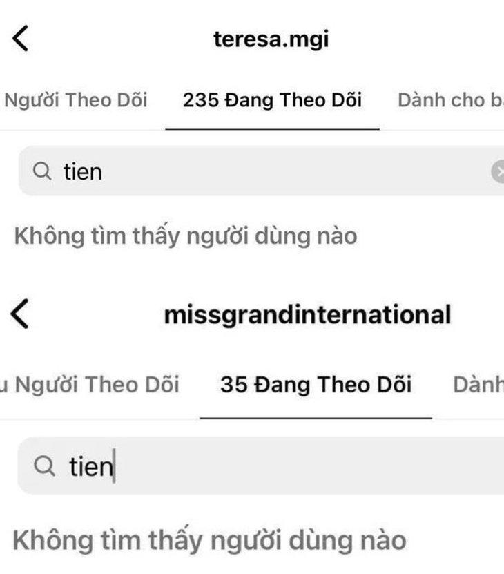 Trang Instagram của bà Teresa - phó chủ tịch và trang chính thức của Miss Grand International đã hủy theo dõi hoa hậu Nguyễn Thúc Thùy Tiên