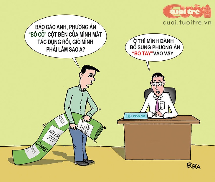 Cột điện và chiếc áo cỏ - Ảnh 1. Cột điện bó cỏ hết tác dụng, thôi đành bó tay? - Tranh biếm họa của B.Ba