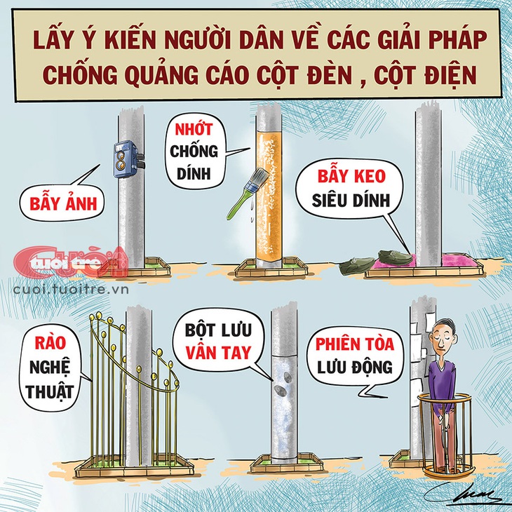 1001 cách chống quảng cáo trên 'nền tảng' cột điện - Ảnh 1. 1.001 cách chống quảng cáo trên "nền tảng" cột điện - Tranh: Đỗ Minh Tuấn