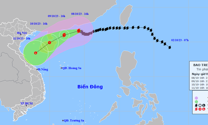 Vị trí và hướng di chuyển bão số 4 lúc 16h chiều 8-10 - Ảnh: NCHMF