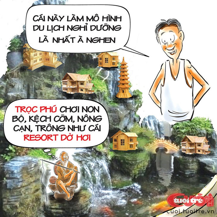 Chơi non bộ theo phong cách trọc phú - Ảnh 1. Chơi non bộ theo phong cách trọc phú - Tranh biếm họa của Đỗ Minh Tuấn