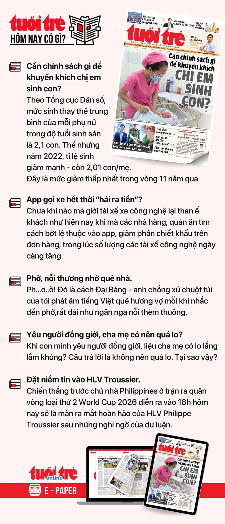 Tin tức đáng chú ý trên Tuổi Trẻ nhật báo ngày 16-11. Để đọc Tuổi Trẻ báo in phiên bản E-paper, mời bạn đăng ký Tuổi Trẻ Sao TẠI ĐÂY