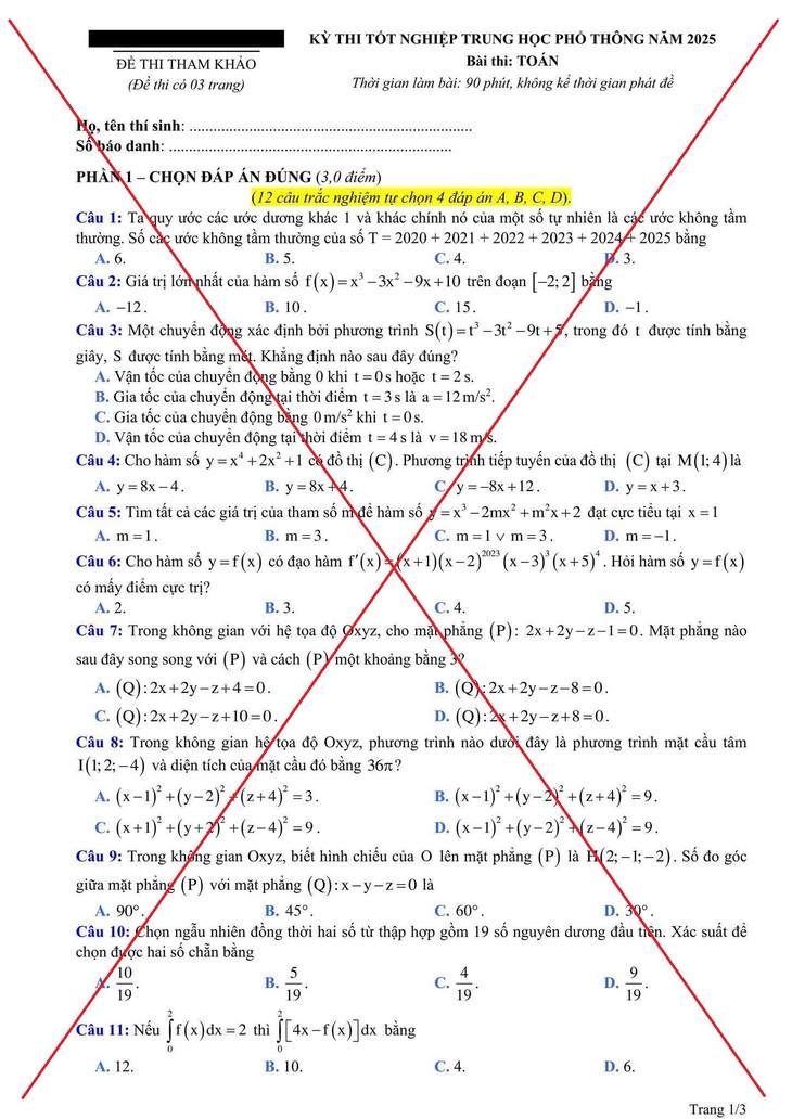 Đề thi tham khảo môn toán kỳ thi tốt nghiệp THPT năm 2025 đang lan truyền trên mạng xã hội
