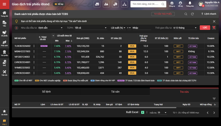 Các mã trái phiếu dòng tiền định sẵn đang được TCBS chào bán trên TCInvest - Ảnh: TCB