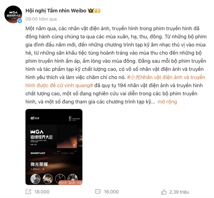 Bài đăng công bố của Weibo