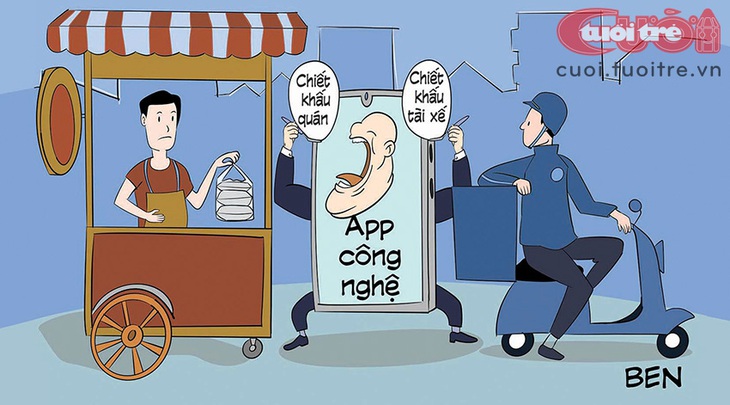 Mối tình tay ba: Quán ăn, app, shipper - Tranh: BEN 